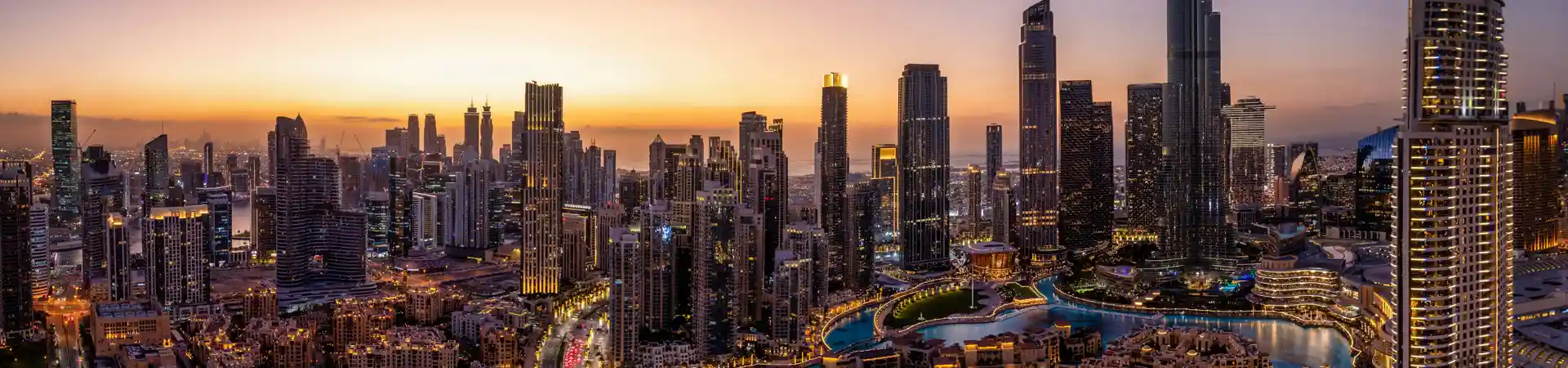 Panoramic view of the downtown skyline of Dubai in the evening light