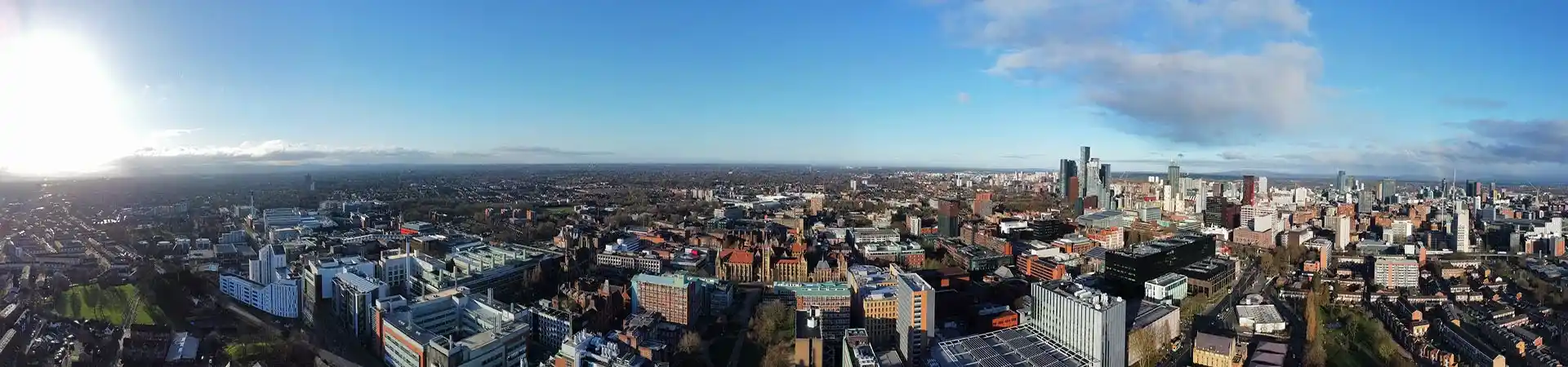 Panoramic view of The University of Manchester as part of the Manchester skyline