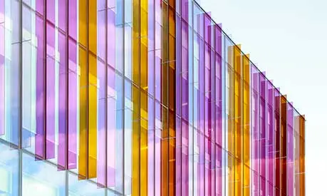 Multi-coloured glass fins above the entrance to the Alliance MBS building