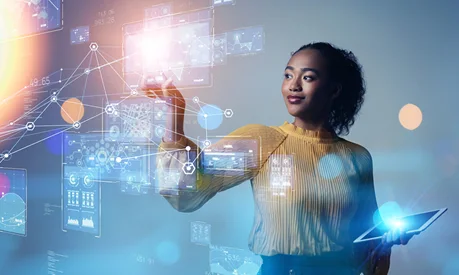 A black woman clicking on abstract artificial icons.