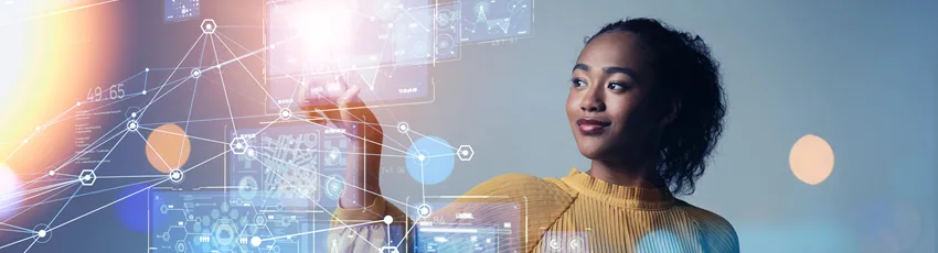 A black woman clicking on abstract artificial icons.