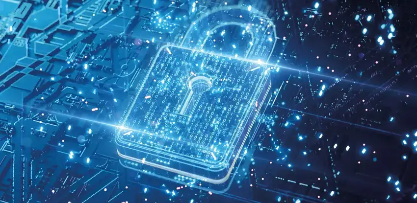 Digital security padlock with encrypted binary code on abstract circuit board.