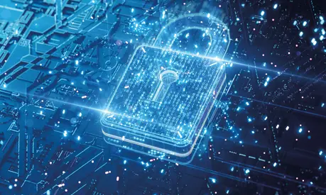 Digital security padlock with encrypted binary code on abstract circuit board.