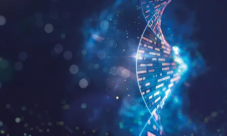 DNA molecular structure with sequencing data of human genome analysis.