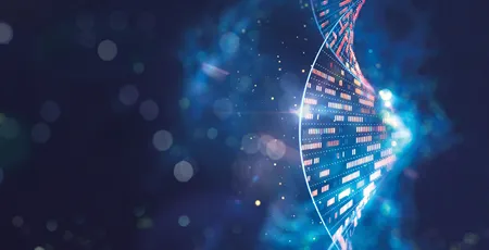 DNA molecular structure with sequencing data of human genome analysis.