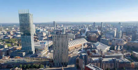 Manchester Centre Drone Aerial View Above Building Work Skyline Construction Blue Sky Summer Beetham Tower Deansgate 2022