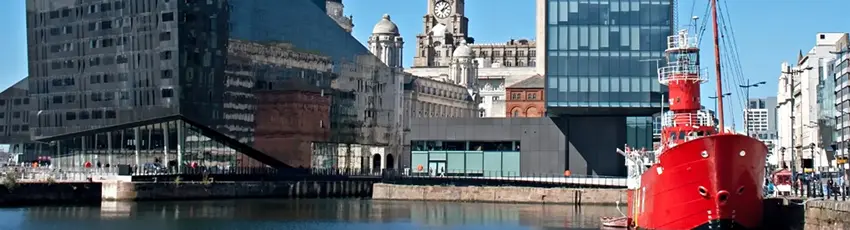 A view across the waterfront and Liverpool city skyline