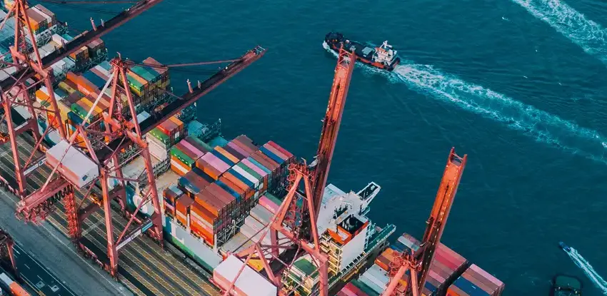 An aerial view of colourful containers in the ship terminal of Hong Kong Harbour