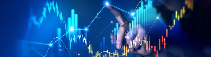 A finger pointing at a graphic of a digital graph.