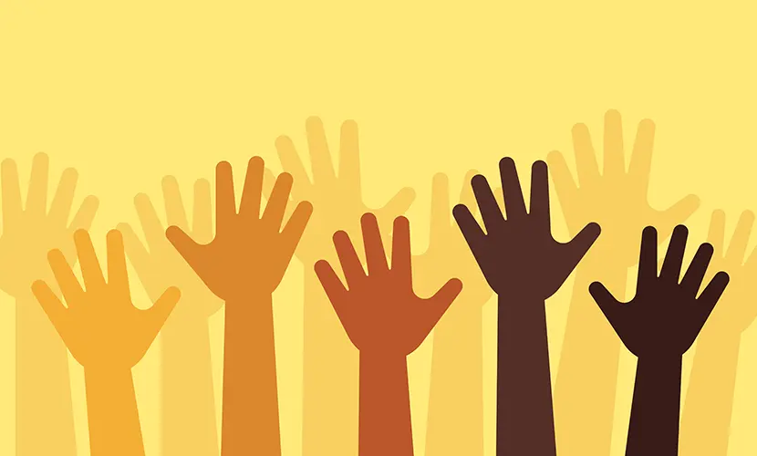Hands raised diversity inclusion people arms up design element volunteering background.