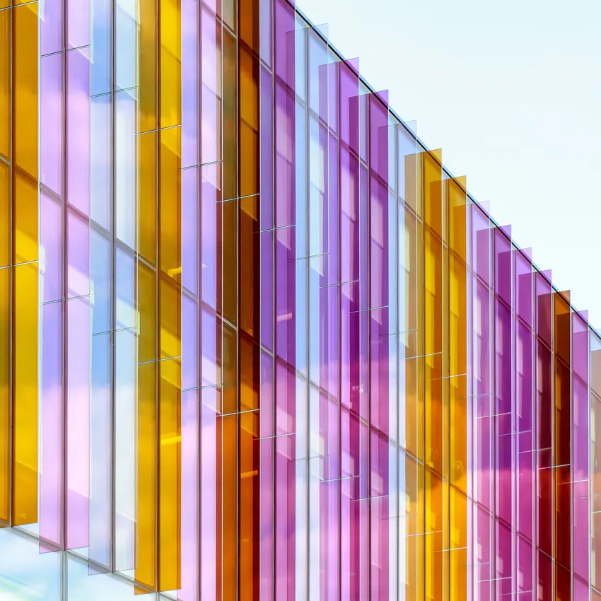 The coloured fins of the Alliance Manchester Business School building.