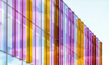 The coloured fins of the Alliance Manchester Business School building.