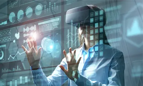 A woman wearing a virtual reality headset surrounded by conceptual AI graphics.