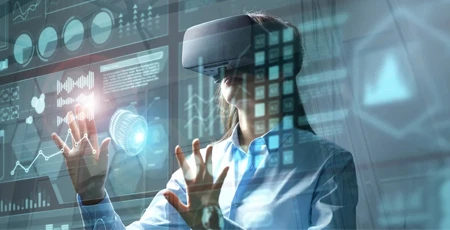 A woman wearing a virtual reality headset surrounded by conceptual AI graphics.