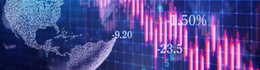 An abstract picture of the earth. A stock market graph in decline is at the foreground of the image in purple.