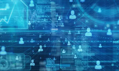 People and information data on a digital space background.