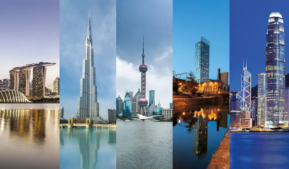 A collage of the Manchester, Shanghai, Dubai, Hong Kong and Singapore city skylines