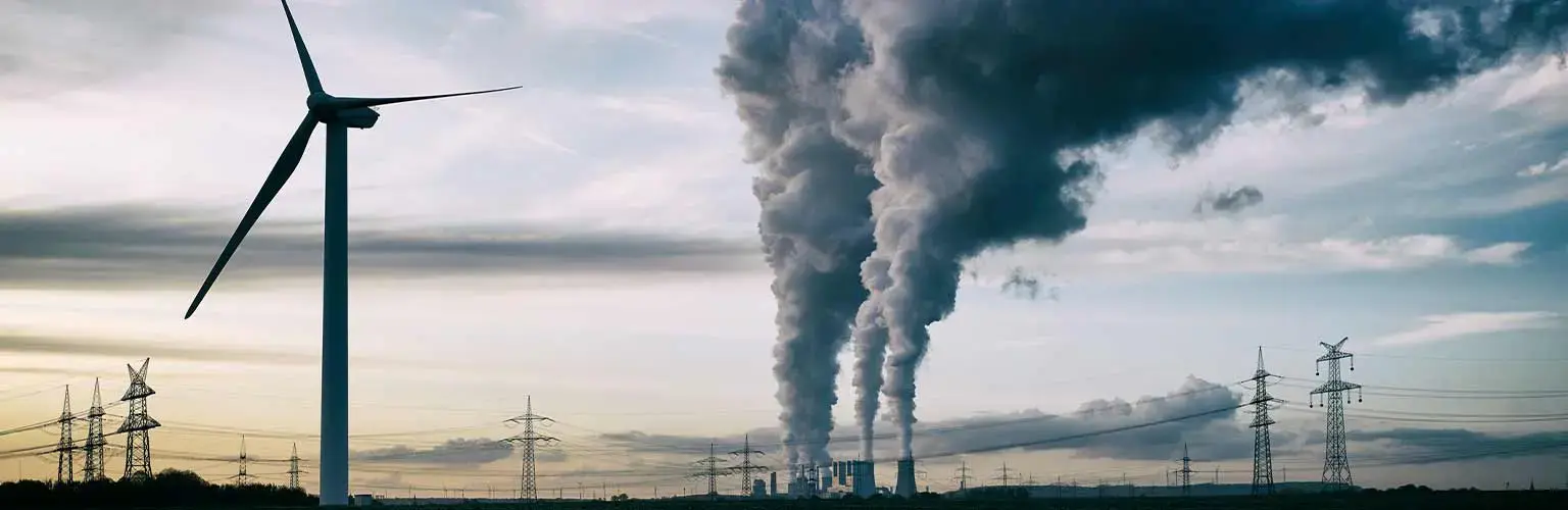 A wind turbine in the foreground and coal power plant cooling towers in the background
