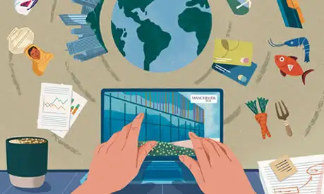 A illustration of a pair of hands typing on a computer on a desk with a illustration of the earth in the background