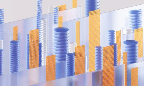 3D Image of Orange and Blue Abstract Data Bar Charts of Database.