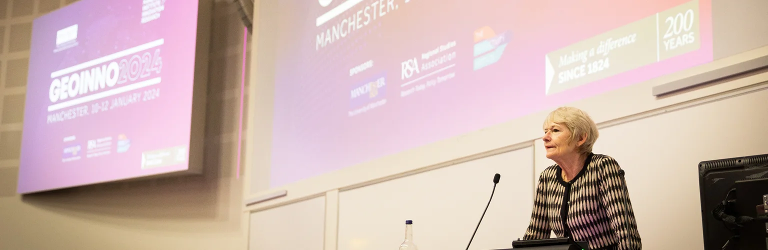 Professor Dame Nancy Rothwell addresses the GeoInno 2024 conference from the podium