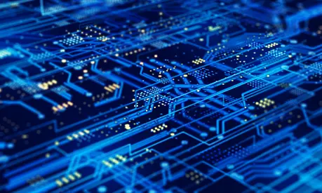 Futuristic circuit board on a dark blue background