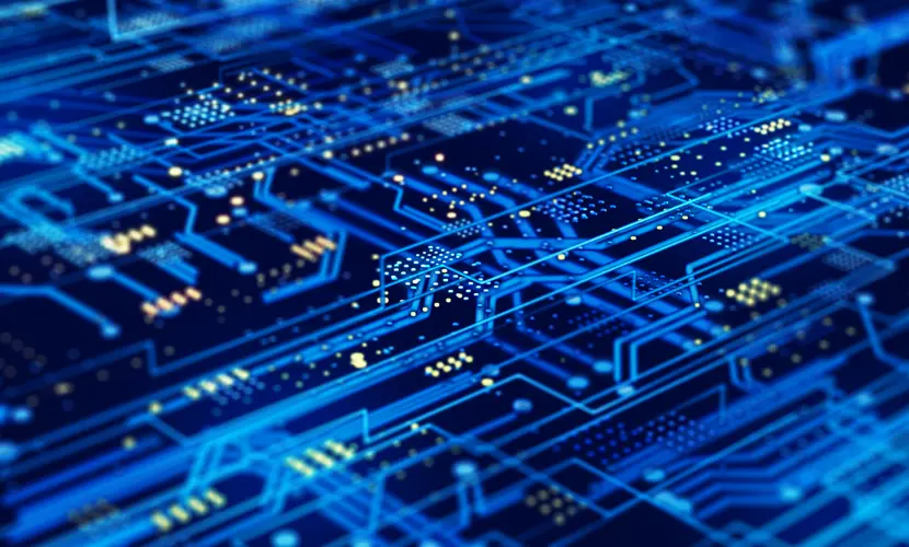 Futuristic circuit board on a dark blue background