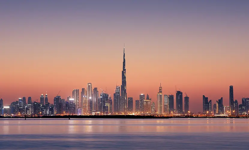 The Dubai skyline with the tallest skyscraper Burj Khalifa at sunset.