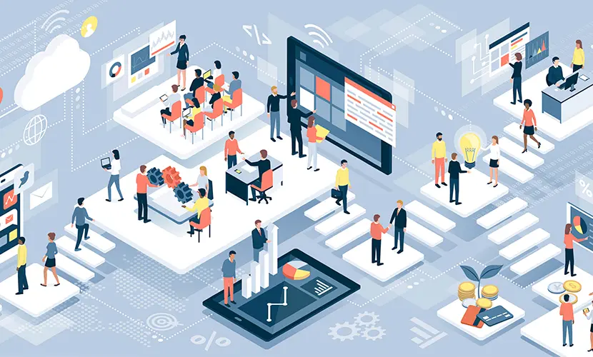 Isometric virtual office with business people working together and mobile devices