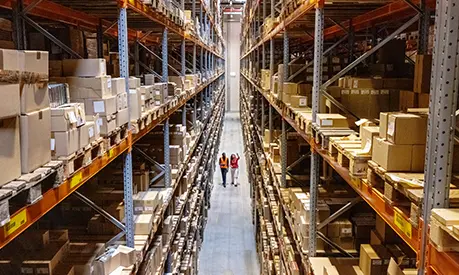 Two people walking through an aisle in a warehouse filled with cardboard boxes and other materials